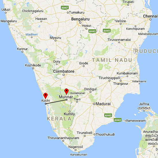 Cochin to Munnar Route Map